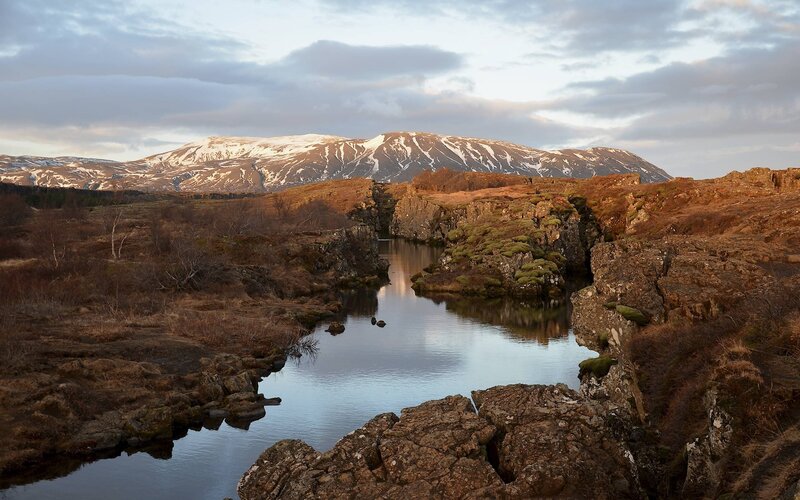 River in Mountain Valley — Brown, Serene, Sunset
