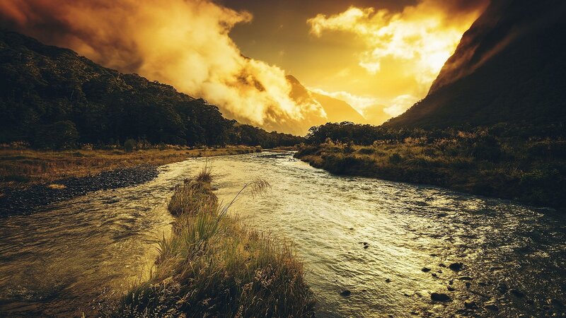 River in Mountain Valley — Gold, Dramatic, Sunset, Photograph, Mountains