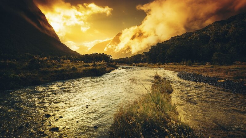 River in Mountain Valley — Gold, Dramatic, Sunset, Photograph