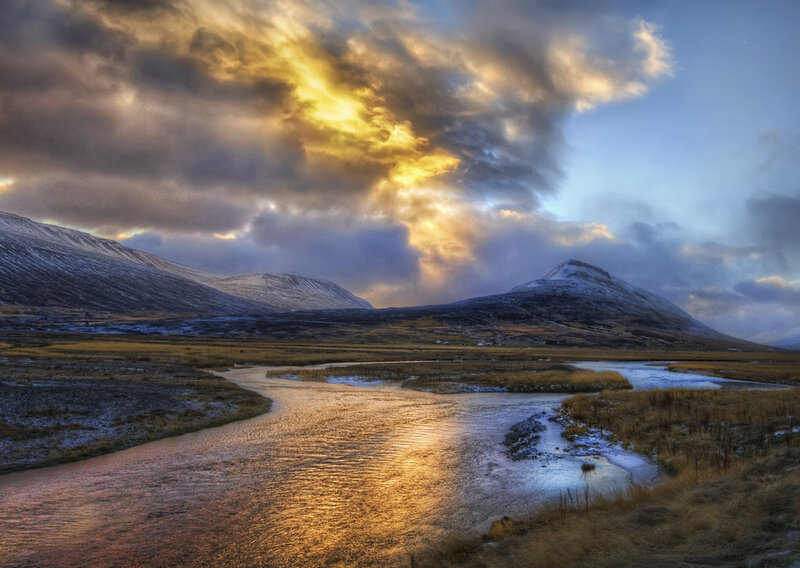 River in Mountain Valley — Gold, Dramatic