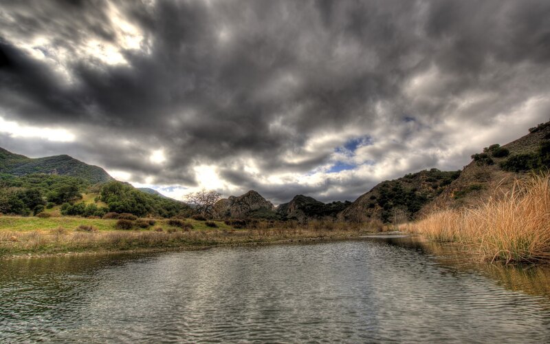 River in Mountain Valley — Gray, Dramatic, Afternoon