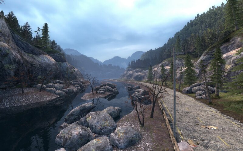 River in Mountain Valley — Gray, Overcast