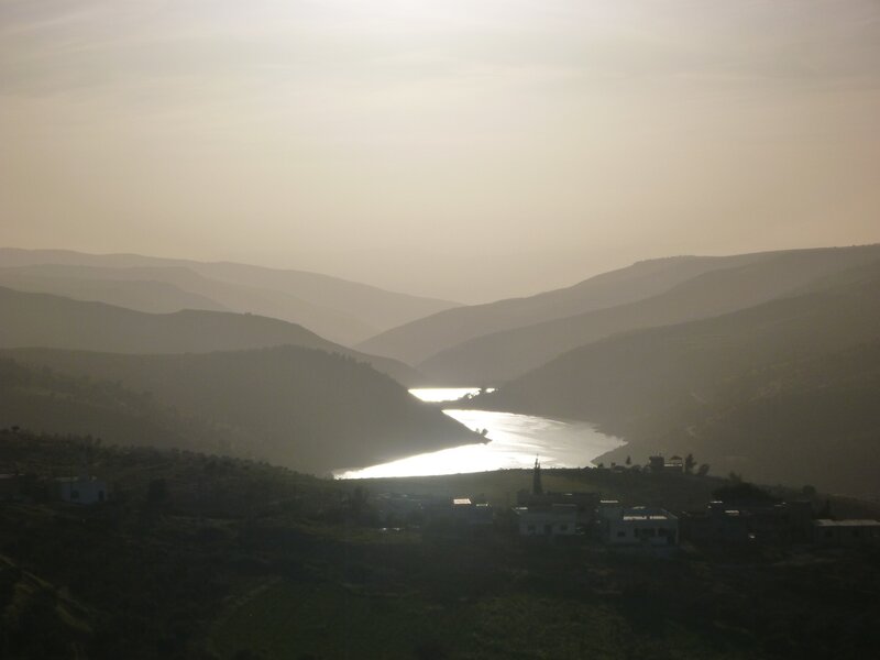 River in Mountain Valley — Gray, Serene, Sunset, Photograph