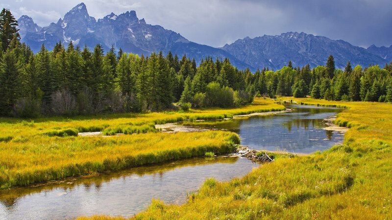 River in Mountain Valley — Green, Dramatic, Afternoon, Photograph, Mountains, Forest
