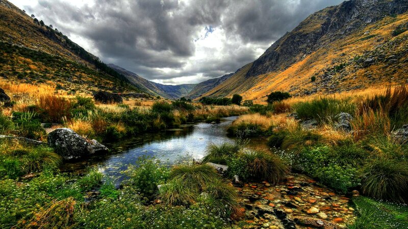 River in Mountain Valley — Green, Dramatic, Afternoon, Photograph, Mountains, Stream, Clouds