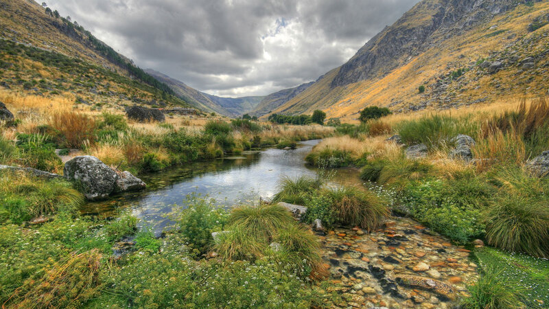 River in Mountain Valley — Green, Dramatic, Afternoon, Photograph, Mountains, Stream