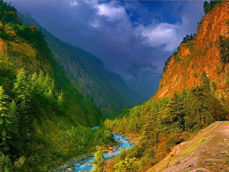 River in Mountain Valley — Green, Dramatic, Afternoon, Photograph, Mountains