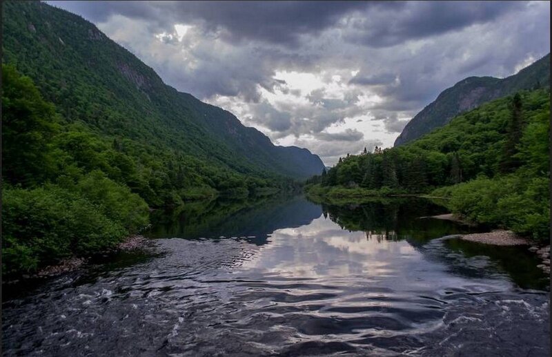 River in Mountain Valley — Green, Dramatic, Afternoon, Photograph, Mountains, Trees, Clouds