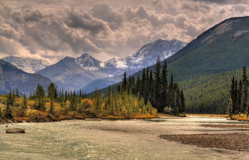 River in Mountain Valley — Green, Dramatic, Autumn, Photograph