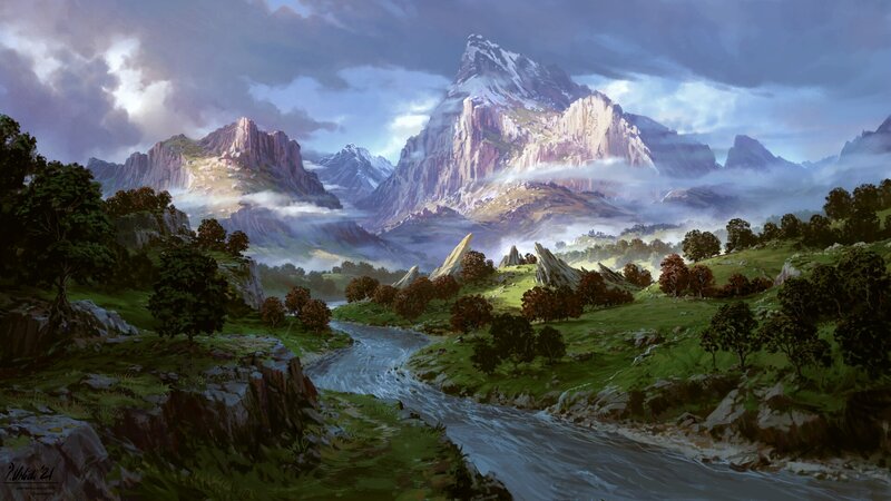 River in Mountain Valley — Green, Dramatic, Digital Art