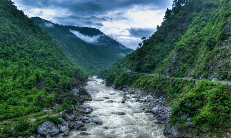 River in Mountain Valley — Green, Dramatic, Morning, Photograph