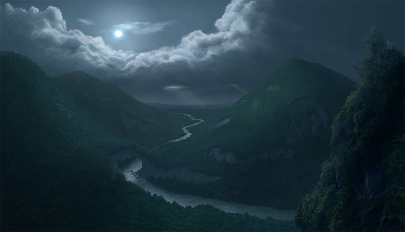 River in Mountain Valley — Green, Dramatic, Night