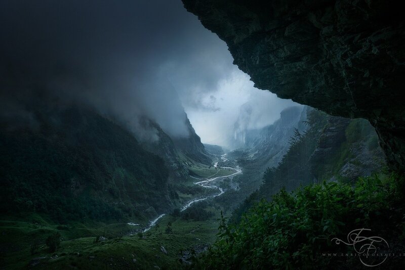 River in Mountain Valley — Green, Dramatic, Photograph, Clouds