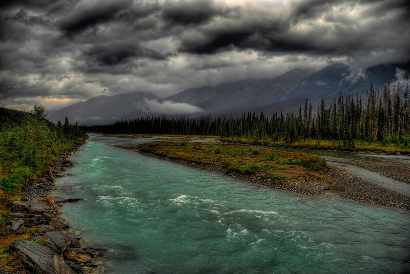River in Mountain Valley — Green, Dramatic, Photograph, Mountains, Forest