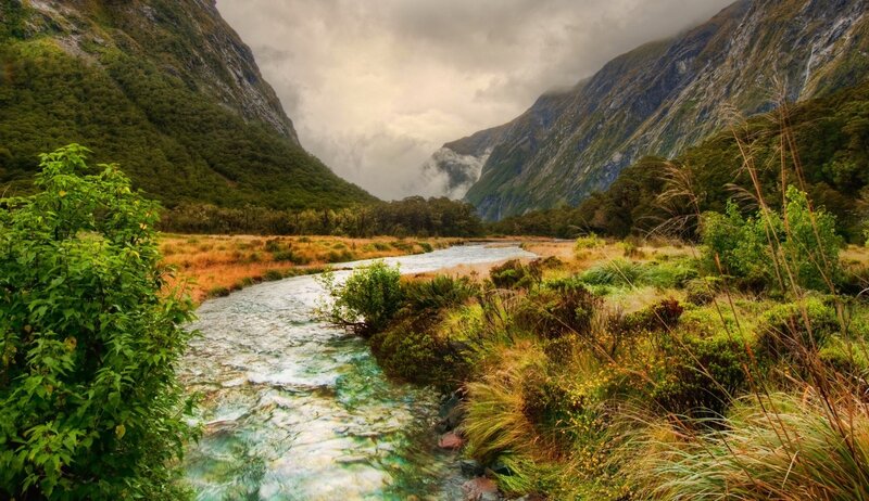 River in Mountain Valley — Green, Dramatic, Photograph, Mountains, Trees
