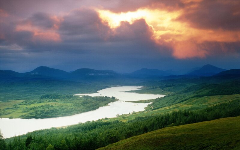 River in Mountain Valley — Green, Dramatic, Sunset, Photograph