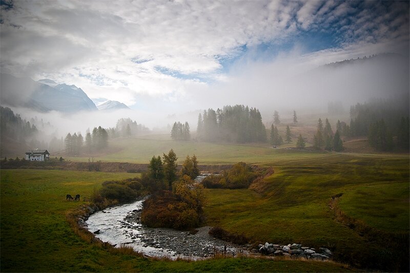River in Mountain Valley — Green, Misty, Morning