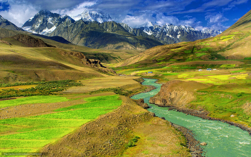 River in Mountain Valley — Green, Serene, Afternoon, Photograph, Mountains, Fields, Village