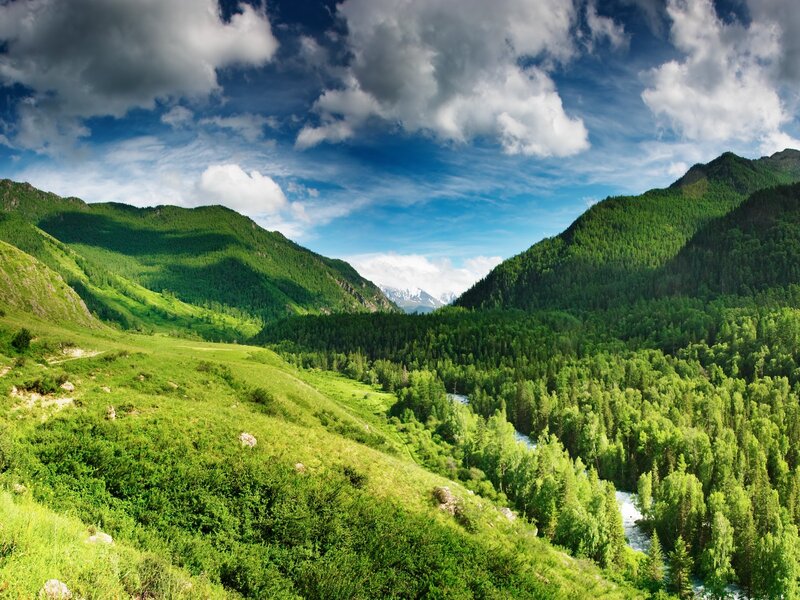 River in Mountain Valley — Green, Serene, Afternoon, Photograph, Mountains, Forest, Clouds