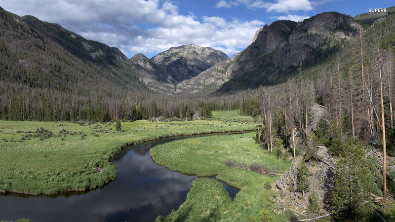 River in Mountain Valley — Green, Serene, Afternoon, Photograph, Mountains, Forest, Sky