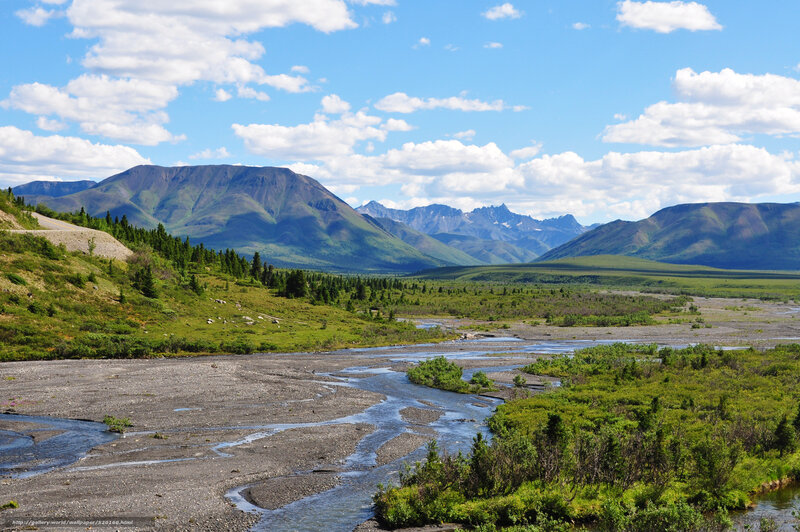 River in Mountain Valley — Green, Serene, Afternoon, Photograph, Mountains, Sky