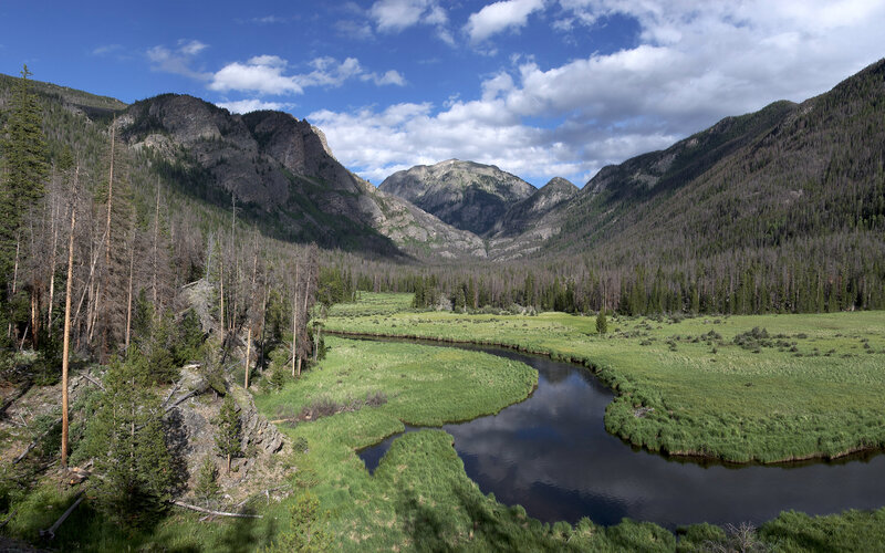 River in Mountain Valley — Green, Serene, Afternoon, Photograph, Mountains