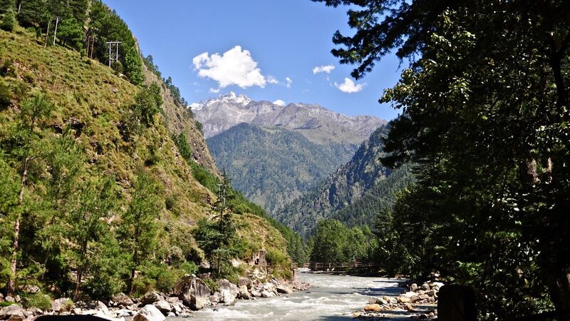 River in Mountain Valley — Green, Serene, Afternoon, Photograph, Mountains, Trees, Bridge