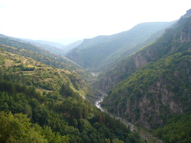 River in Mountain Valley — Green, Serene, Afternoon, Photograph, Mountains, Trees, Brown
