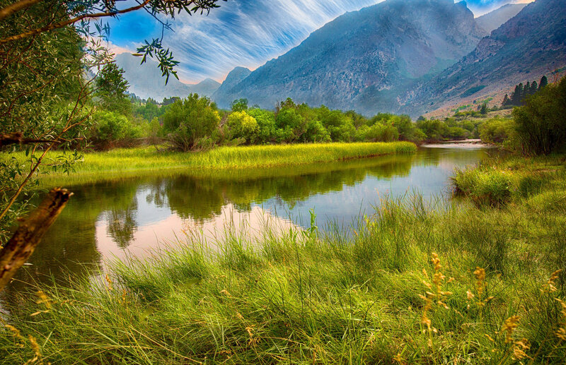 River in Mountain Valley — Green, Serene, Afternoon, Photograph, Mountains, Trees, Grass