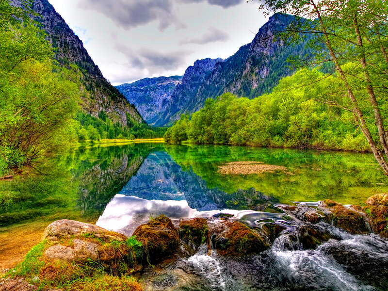 River in Mountain Valley — Green, Serene, Afternoon, Photograph, Mountains, Trees, Stream