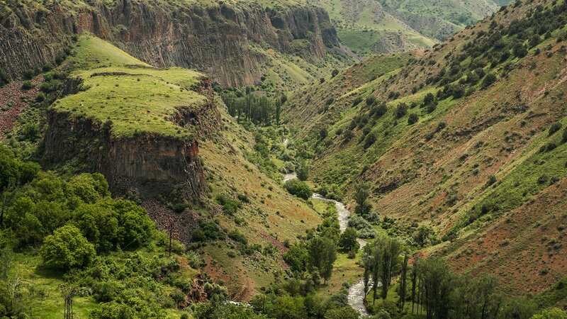 River in Mountain Valley — Green, Serene, Afternoon, Photograph, Trees, Cliff