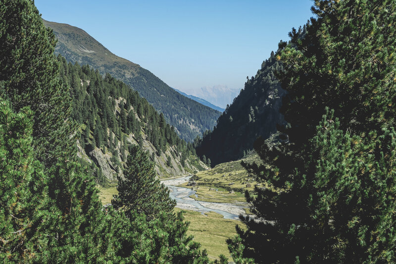 River in Mountain Valley — Green, Serene, Afternoon, Photograph, Trees, Mountains, Blue