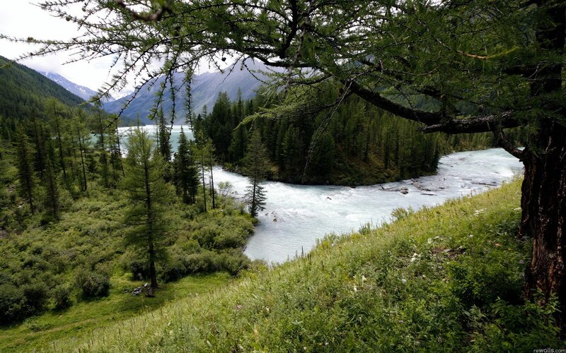 River in Mountain Valley — Green, Serene, Afternoon, Photograph, Trees, Mountains, Lake, Blue