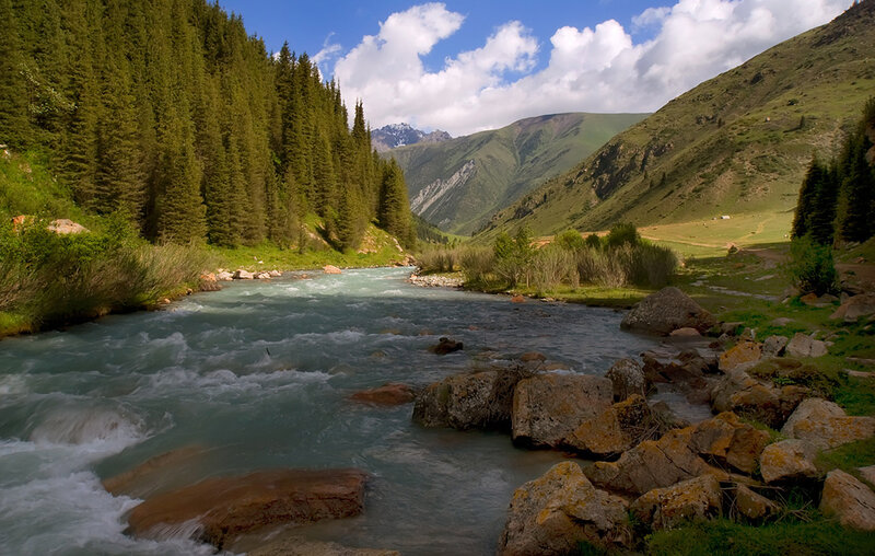 River in Mountain Valley — Green, Serene, Afternoon, Photograph, Trees, Mountains, Rocks