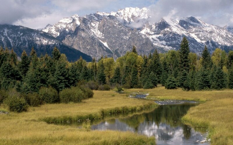 River in Mountain Valley — Green, Serene, Autumn, Photograph, Mountains, Trees, Stream