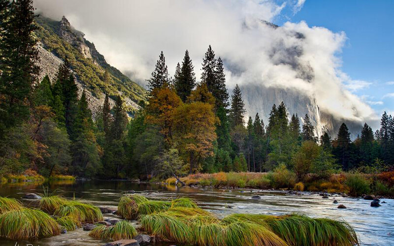 River in Mountain Valley — Green, Serene, Autumn, Photograph, Trees, Clouds