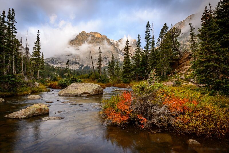 River in Mountain Valley — Green, Serene, Autumn, Photograph, Trees, Stream