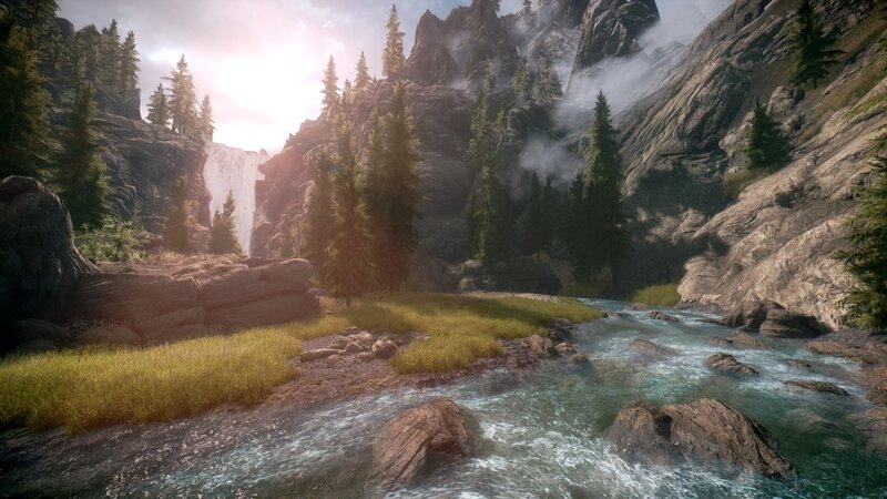 River in Mountain Valley — Green, Serene, Morning, 3d Render, Forest