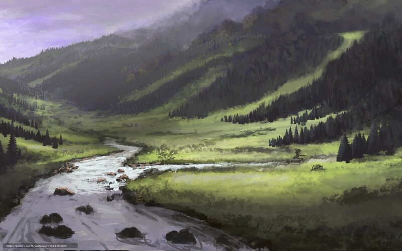 River in Mountain Valley — Green, Serene, Morning, Digital Art, Mountains