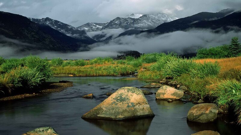 River in Mountain Valley — Green, Serene, Morning, Photograph, Mountains, Fog