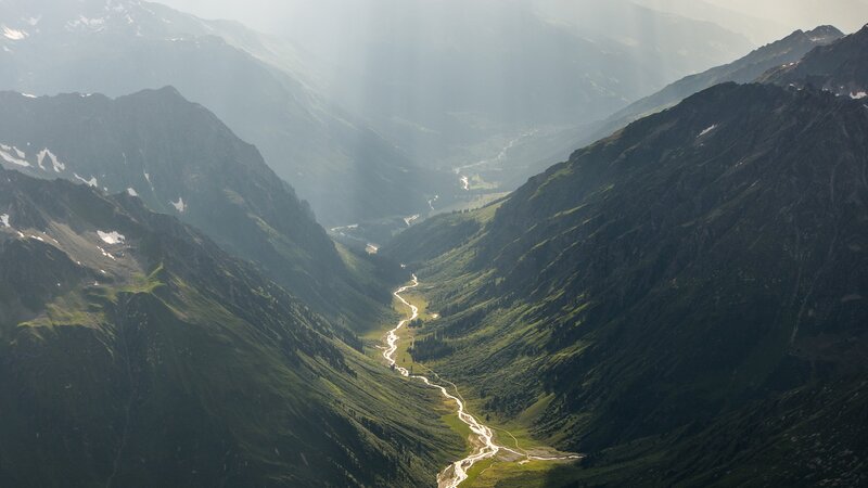River in Mountain Valley — Green, Serene, Morning, Photograph, Mountains, Sunlight
