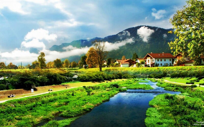 River in Mountain Valley — Green, Serene, Morning, Photograph, Mountains