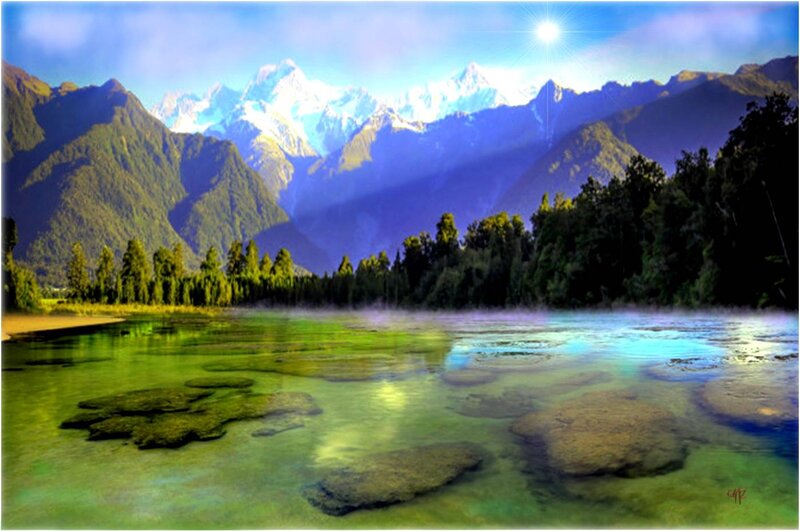 River in Mountain Valley — Green, Serene, Morning, Photograph, Mountains, Trees