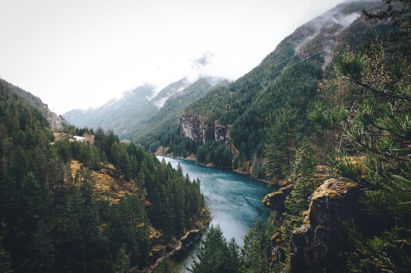 River in Mountain Valley — Green, Serene, Photograph, Trees