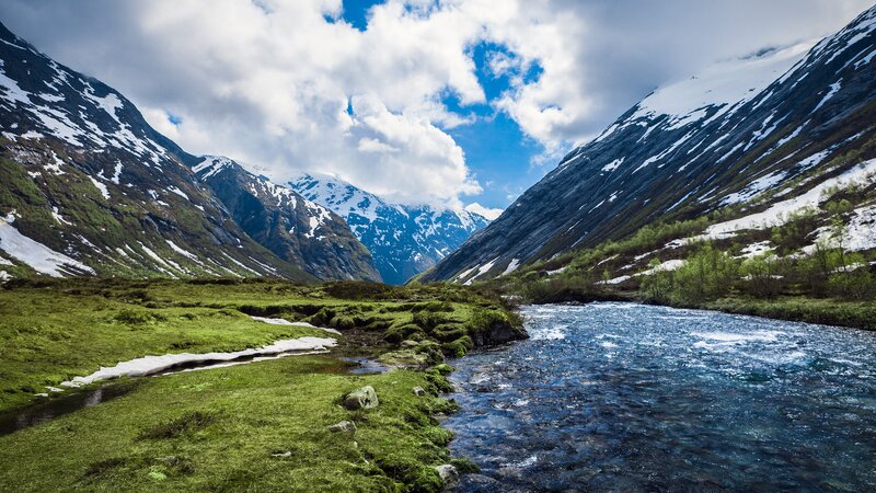 River in Mountain Valley — Green, Serene, Spring, Photograph, Mountains