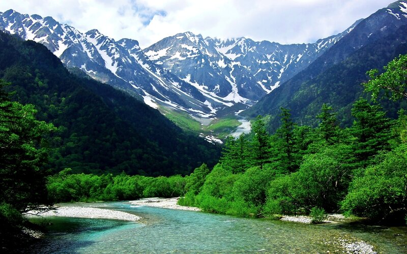 River in Mountain Valley — Green, Serene, Summer, Photograph