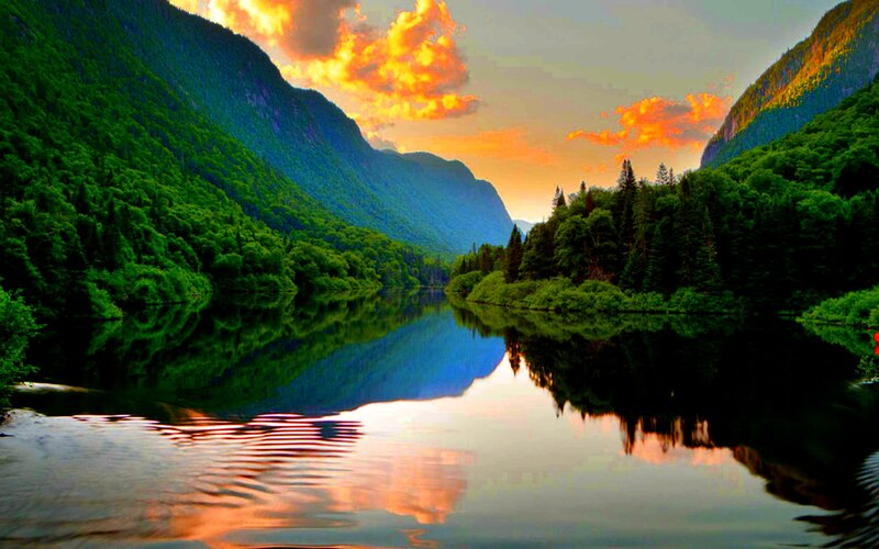 River in Mountain Valley — Green, Serene, Sunset, Photograph