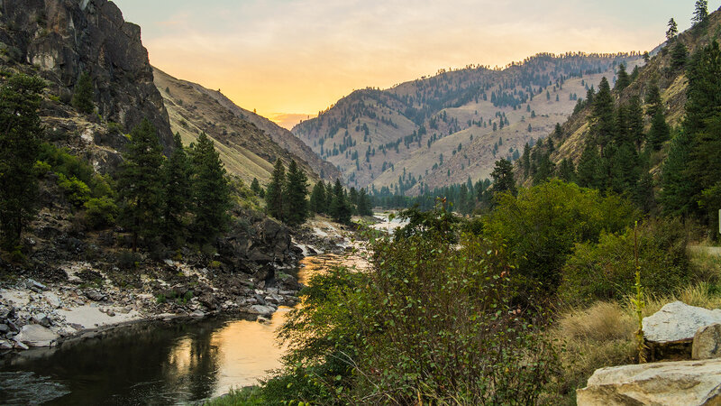 River in Mountain Valley — Green, Serene, Sunset