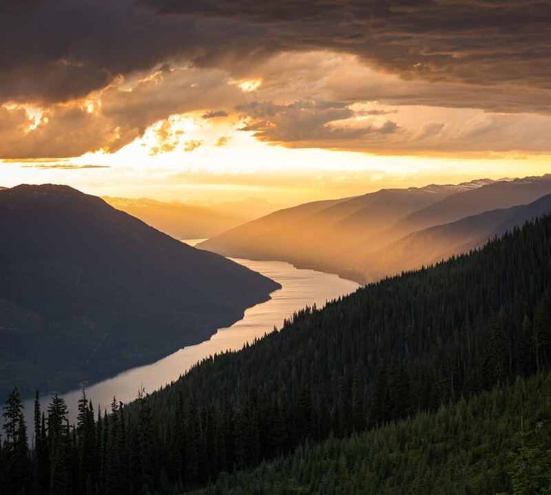 River in Mountain Valley — Orange, Dramatic, Sunset, Photograph, Mountains, Forest