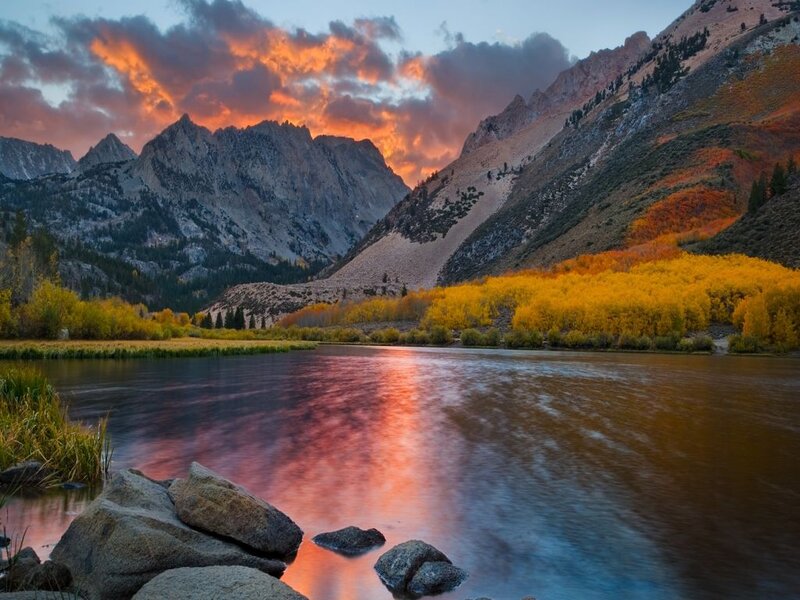 River in Mountain Valley — Orange, Dramatic, Sunset, Photograph, Mountains